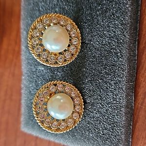 Gold Tone Diamond like and Pearl Round Earrings